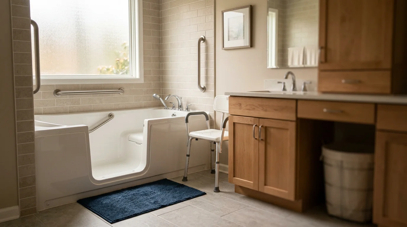 Modern accessible bathroom with walk-in shower, grab bars, and non-slip flooring in Chagrin Falls home