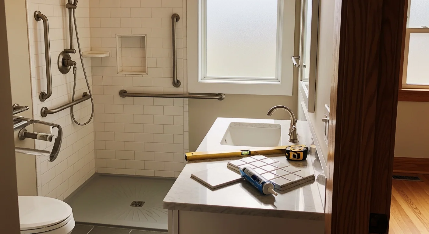 Accessible bathroom with walk-in shower and grab bars