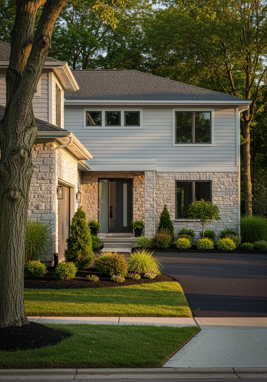 Aurora home with modern exterior features, professional landscaping, and contemporary residential design.