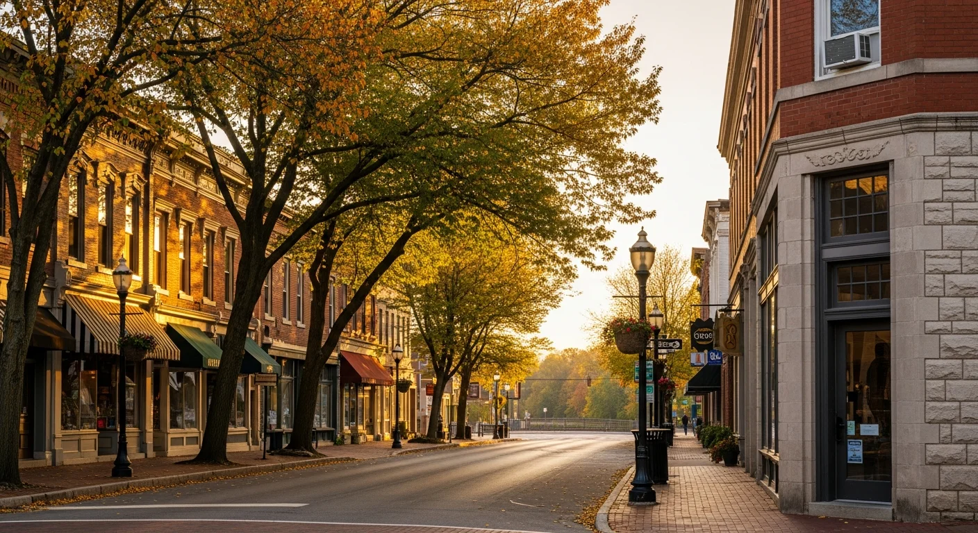 Historic Chagrin Falls village street with brick buildings and mature trees lining the downtown area near the river.