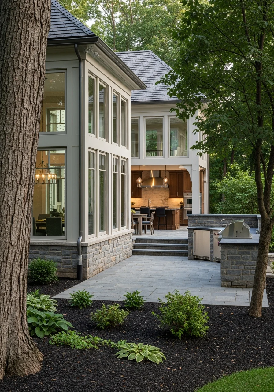 Hunting Valley home nestled among natural landscaping with established trees and private grounds.