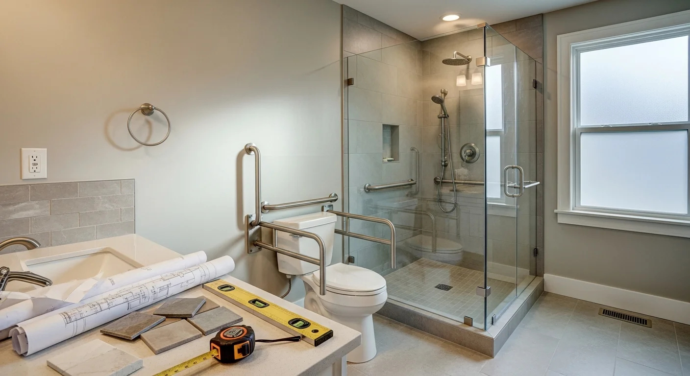 A remodeled accessible bathroom in a Chagrin Falls home featuring a barrier-free walk-in shower with slip-resistant tile flooring and wall-mounted grab bars. The space shows a widened doorway and a comfort-height toilet suited for aging-in-place use.