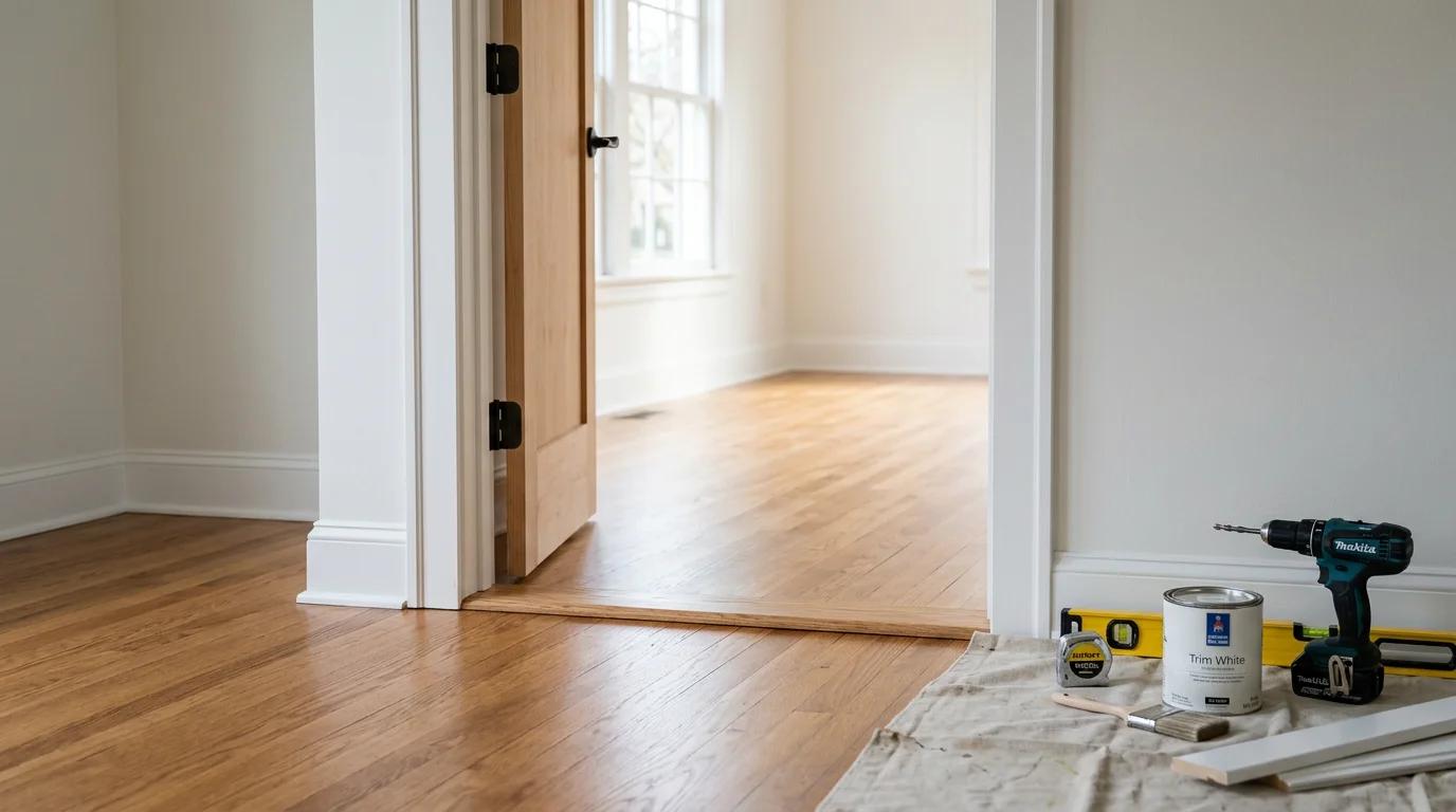 A reconfigured home entryway in Chagrin Falls, Ohio featuring a zero-step threshold, widened doorway, and lever-style door hardware. The interior hallway beyond shows smooth flooring transitions and clear pathway width sized for mobility aid access.