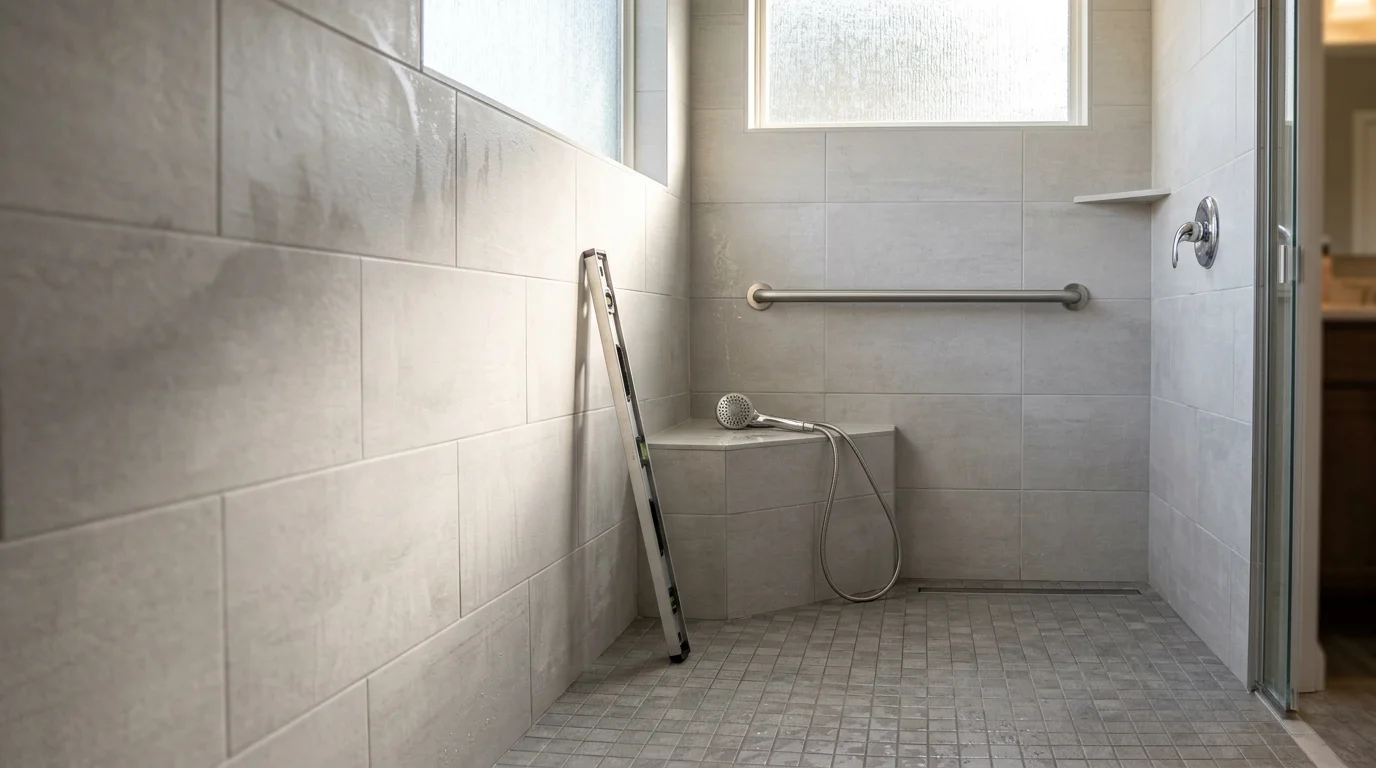 A curbless walk-in shower remodeled by Capozzi Design Build in a Chagrin Falls home, featuring slip-resistant tile flooring, wall-mounted grab bars, a built-in bench, and a handheld showerhead on a slide bar.