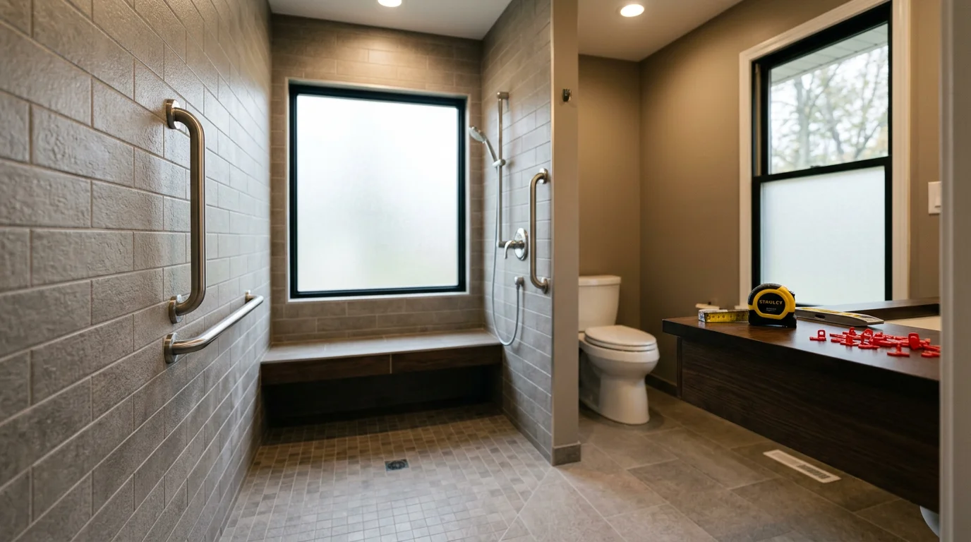 A remodeled aging-in-place bathroom in a Chagrin Falls home featuring a curbless walk-in shower with a built-in bench, grab bars, and slip-resistant tile flooring. The space is clean and residential in feel, with no clinical or institutional finishes.