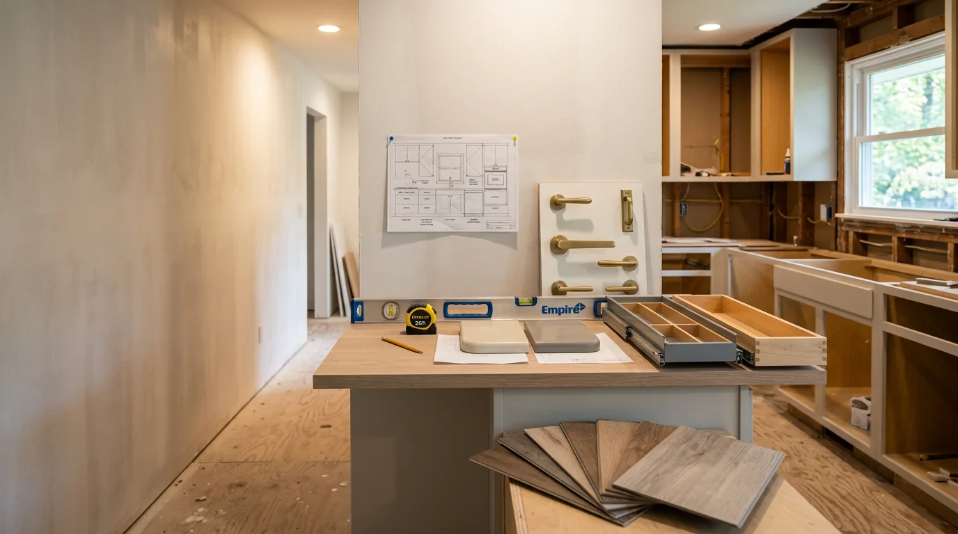 A remodeled kitchen in a Chagrin Falls home featuring wider aisles, pull-out lower cabinet storage, lever-style hardware, and under-cabinet task lighting designed for aging-in-place accessibility. The space is clean and residential in appearance, with no clinical or institutional elements.