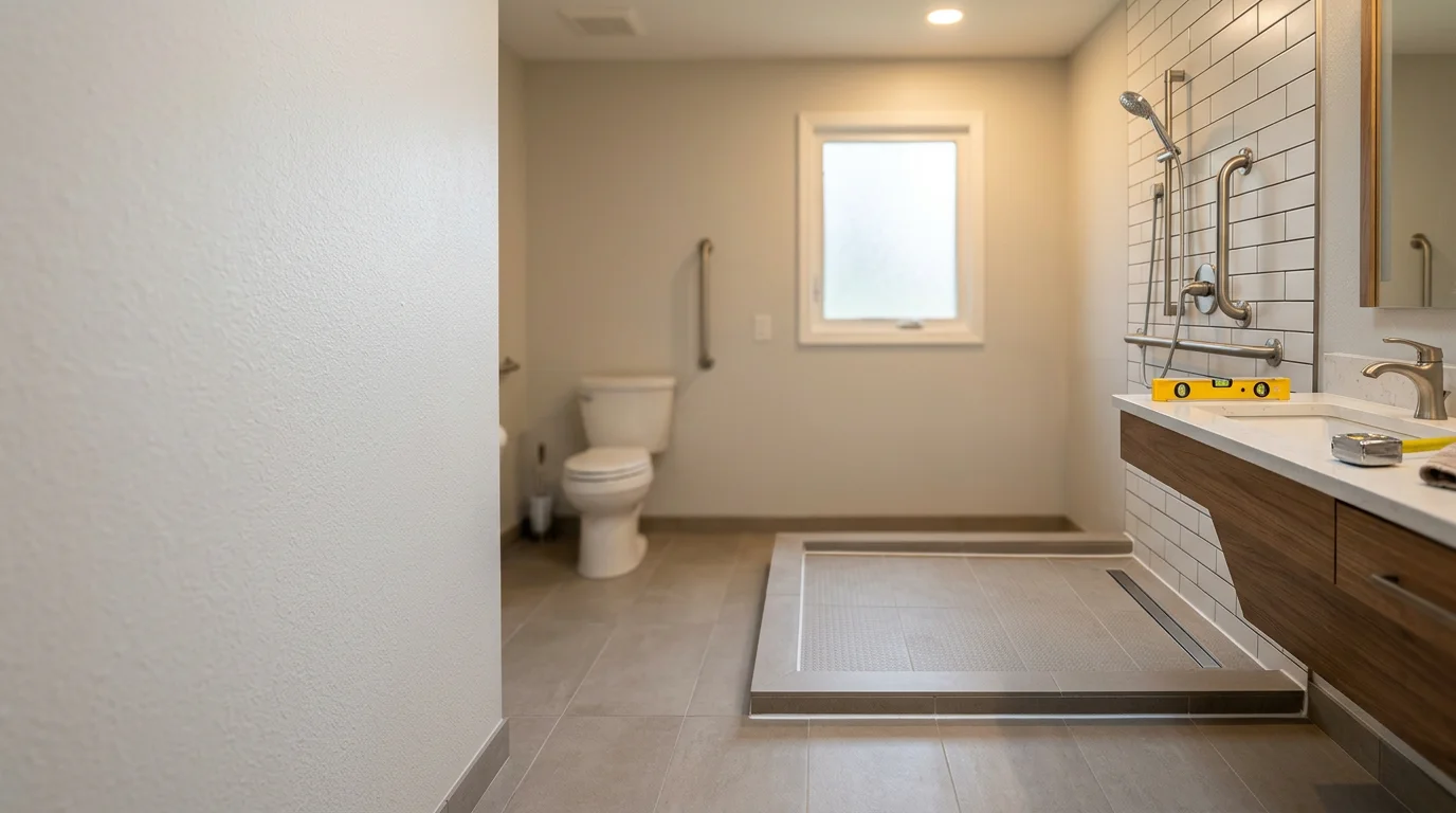 A remodeled bathroom in a Chagrin Falls home featuring a curbless walk-in shower with slip-resistant tile, grab bars, and a comfort-height toilet. The space uses warm finishes and clean lines that blend safety with everyday style.