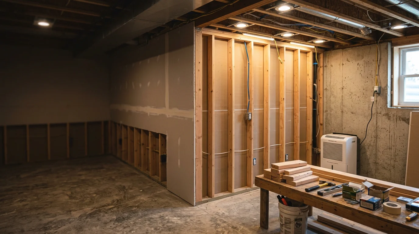 A finished basement in a Chagrin Falls home featuring recessed lighting, built-in shelving, and durable flooring, converted from an unfinished lower level into a functional family living space.