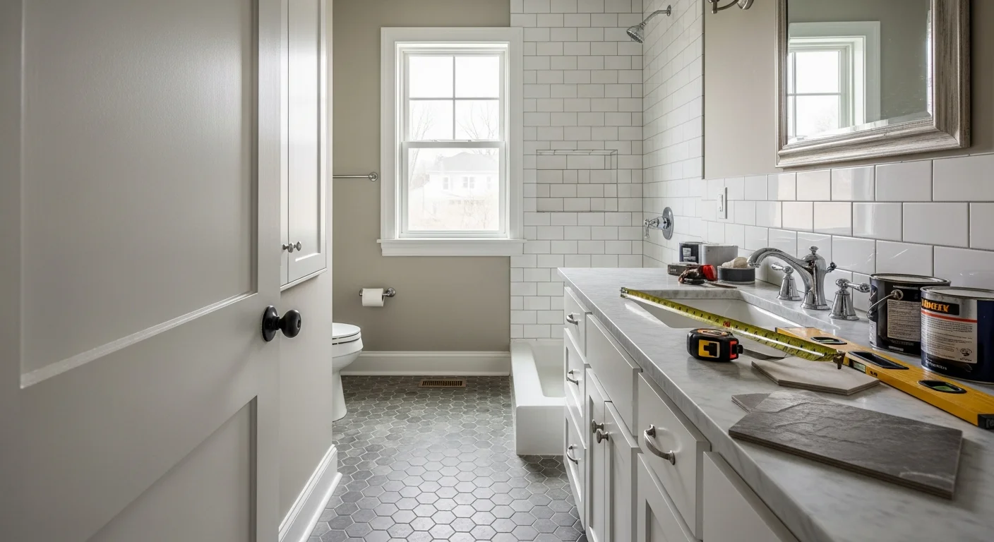 A finished bathroom remodel in a Chagrin Falls home showing a custom walk-in shower, built-in vanity, and tile work. The space reflects a design-build renovation suited to the architectural style common in Northeast Ohio.