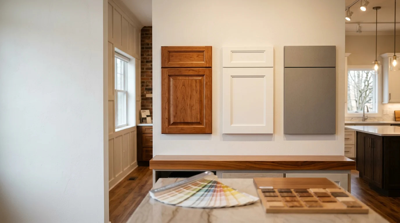 Custom kitchen cabinetry with a transitional Shaker door profile and painted finish installed in a Chagrin Falls home remodeled by Capozzi Design Build. The cabinets are shown in a full kitchen setting with coordinating hardware and countertops.