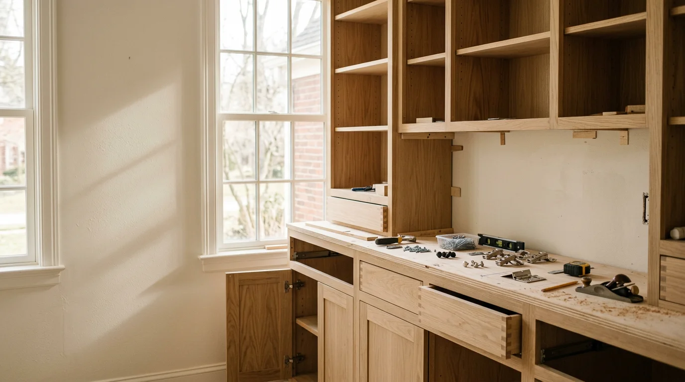 Custom kitchen cabinetry with inset doors and a painted finish installed in a traditional-style home in Chagrin Falls, Ohio. Floor-to-ceiling cabinet runs with integrated storage line the perimeter of the kitchen, complementing the home's existing trim and architectural details.