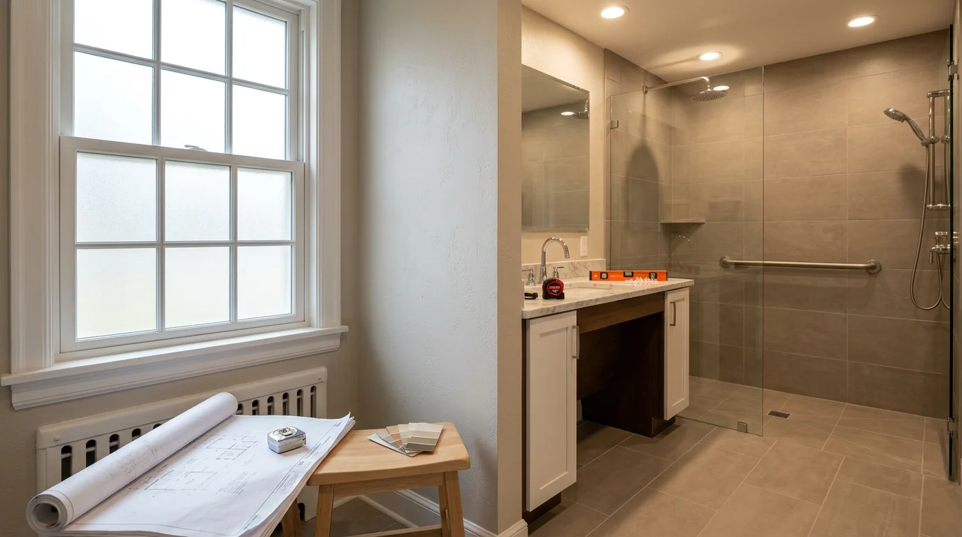 A newly converted first-floor bathroom in a Chagrin Falls home featuring a curbless walk-in shower, slip-resistant tile flooring, and grab bars integrated into a clean, modern design. The layout reflects accessible, aging-in-place planning with fixtures suited for long-term daily use.