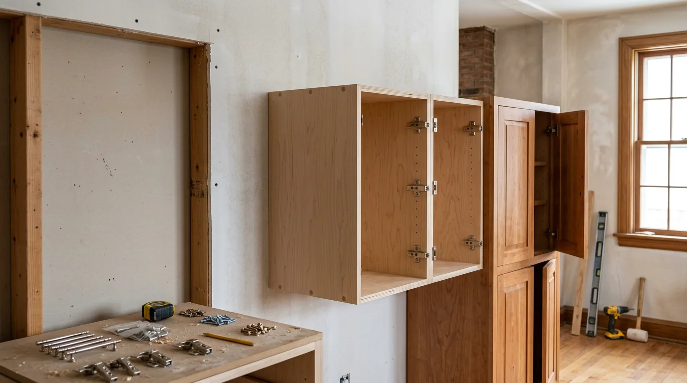 Custom framed kitchen cabinetry with inset doors installed in a traditional Chagrin Falls home, showing rich wood tones and clean panel alignment. A side-by-side view highlights the structural face frame of framed construction versus the flat, full-overlay door face of frameless cabinetry in a remodeled Northeast Ohio kitchen.