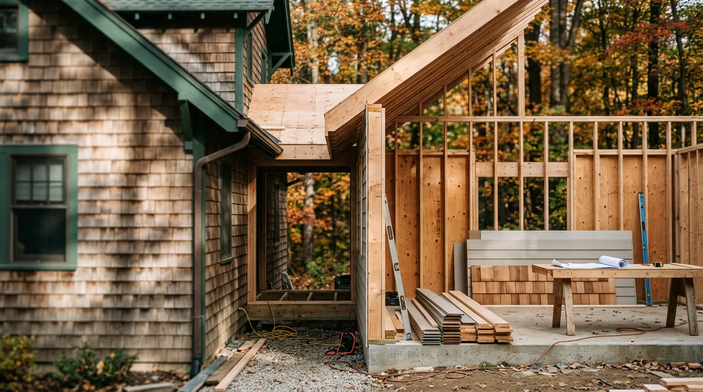 A newly completed home addition on a wooded residential lot in Chagrin Falls, Ohio, showing a rear family room expansion with exterior materials matched to the original Colonial-style home. The addition blends seamlessly with the existing roofline and siding.