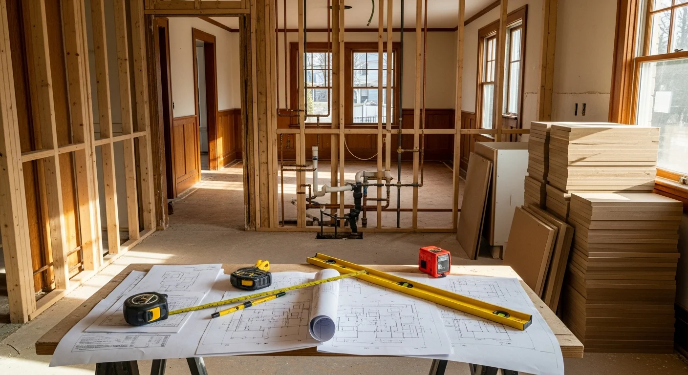 Remodeled kitchen in a Chagrin Falls, Ohio home featuring custom cabinetry, updated countertops, and an open layout designed by Capozzi Design Build. Interior view shows finished construction with natural light from windows overlooking a Northeast Ohio residential yard.