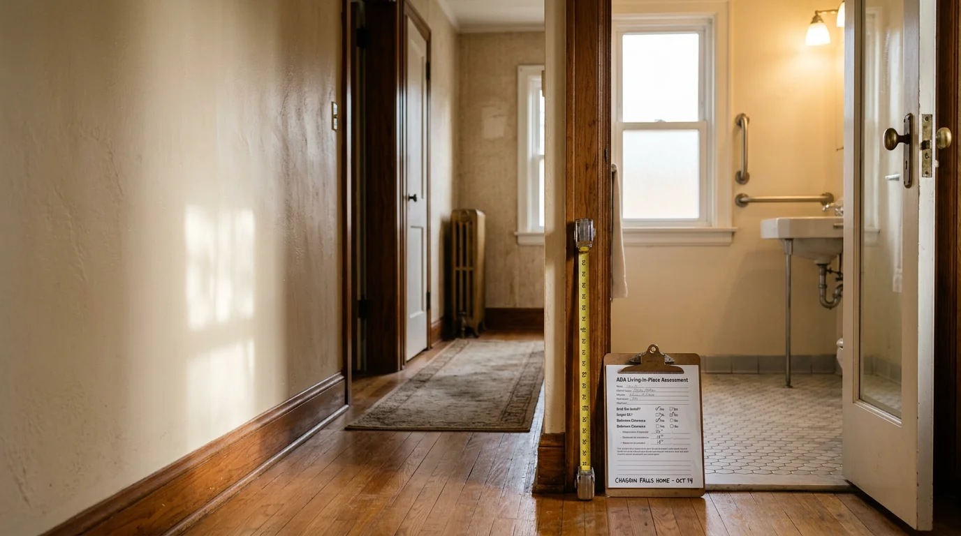 A Capozzi Design Build team member reviewing a living-in-place whole-home assessment walkthrough inside an older single-family home in Chagrin Falls, Ohio, noting doorway widths and bathroom layout for accessibility planning.