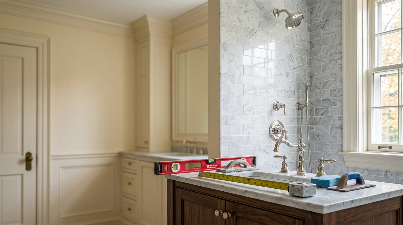 A finished luxury primary bathroom remodel by Capozzi Design Build in Chagrin Falls, Ohio, featuring a custom walk-in shower, freestanding soaking tub, and tailored vanity storage. The space reflects the refined design standards common to Northeast Ohio homes in communities like Chagrin Falls and Pepper Pike.