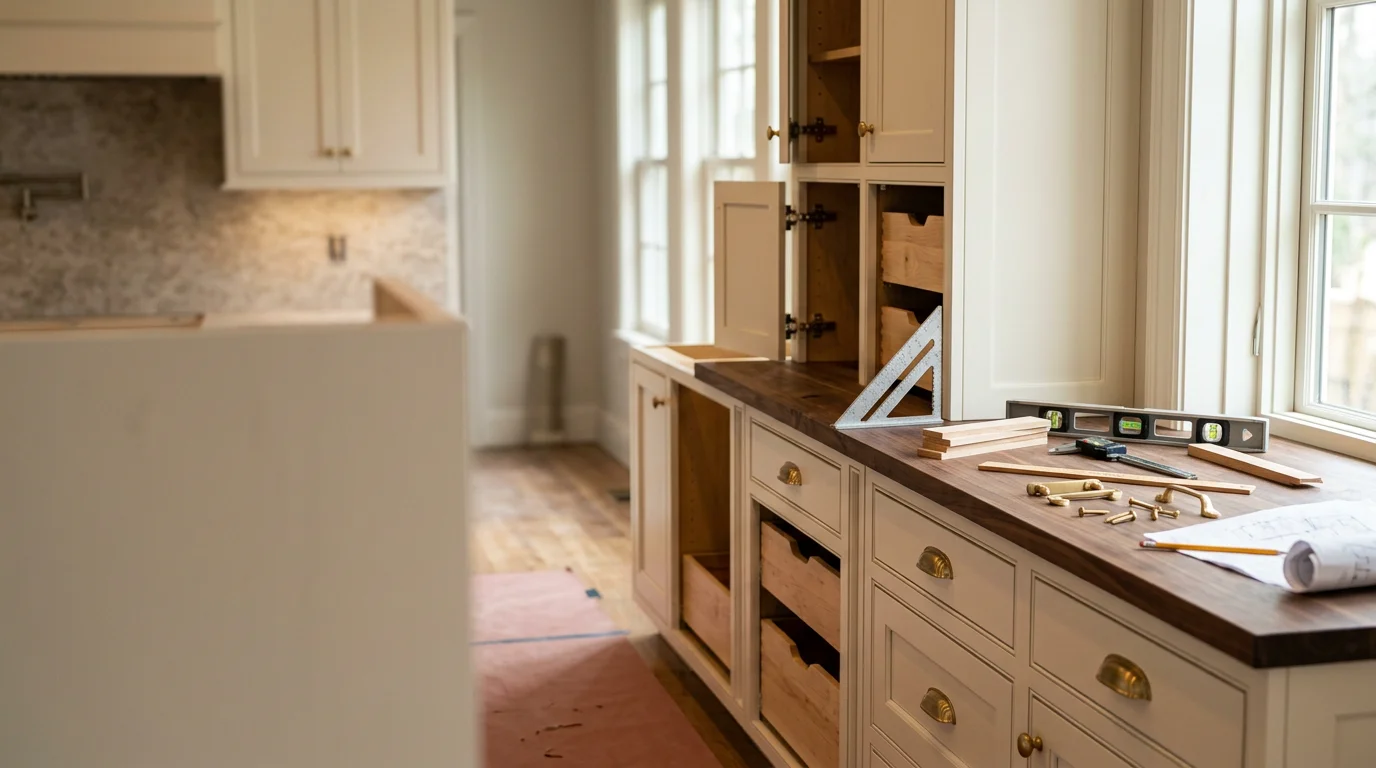 A finished luxury kitchen remodel in a Chagrin Falls home, featuring custom cabinetry, a large island, and high-end countertops with natural light from a rear window. The open layout replaces a formerly compartmentalized floor plan common in established Northeast Ohio homes.