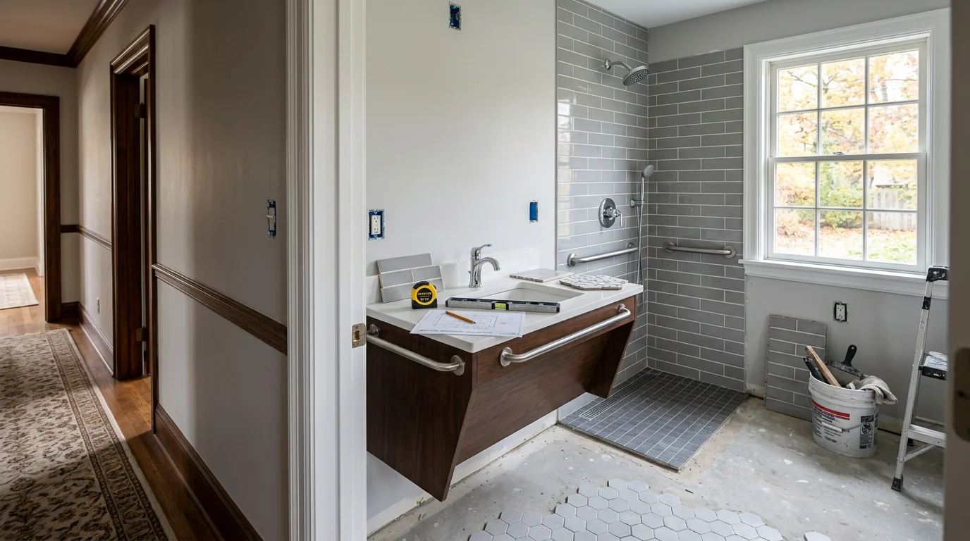 A newly remodeled main-floor bedroom suite in a Chagrin Falls home, featuring an accessible full bathroom with a curbless shower and widened doorway. The space is finished with warm wood flooring and natural light from updated windows.