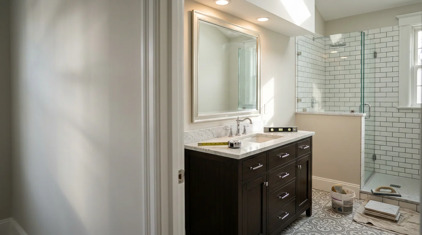 A finished primary bathroom remodel in a Chagrin Falls home, showing a walk-in shower with tile surround, a double vanity, and updated lighting. The space reflects a clean, functional design suited to an established Northeast Ohio home.