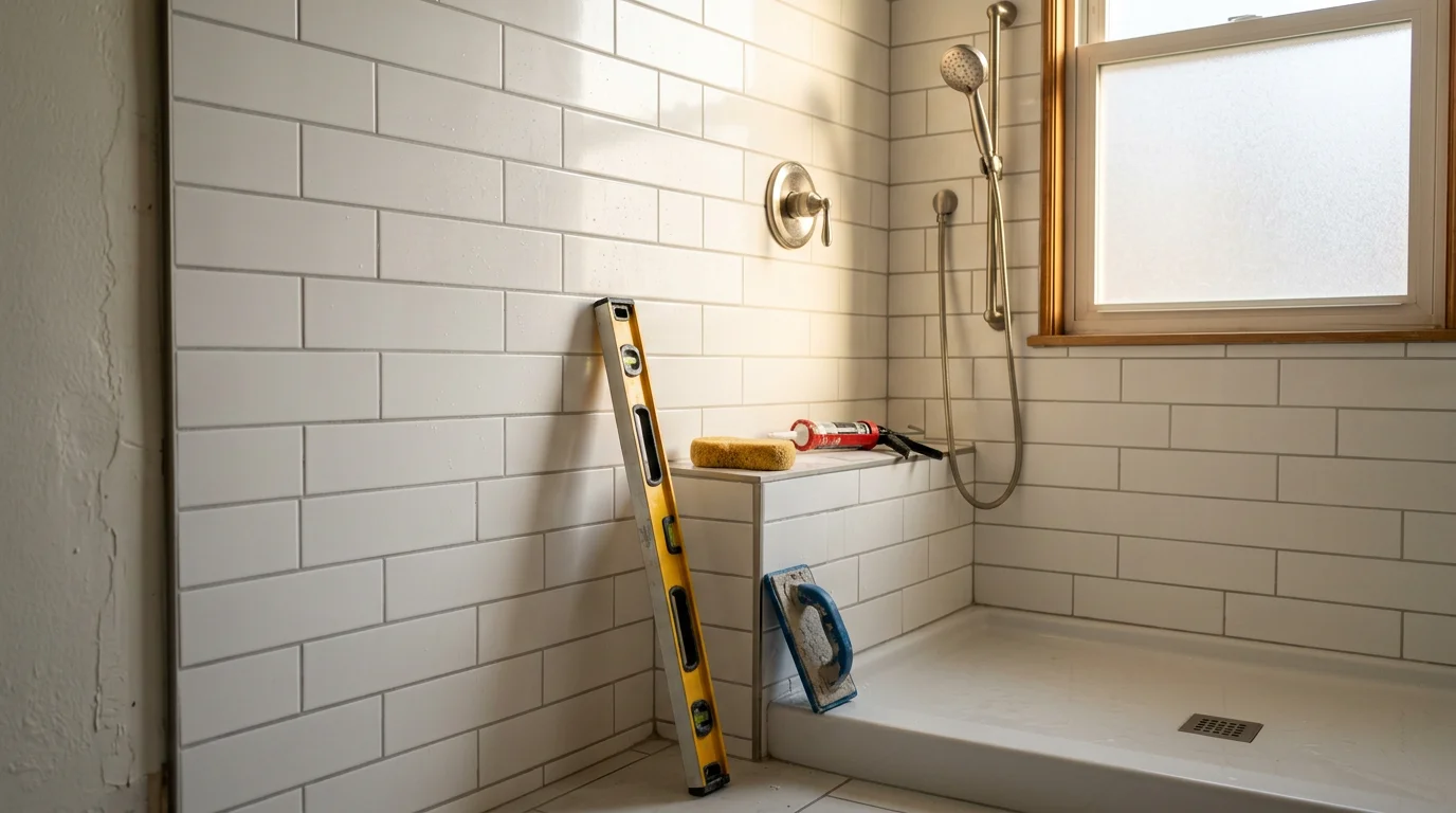 A finished tub-to-shower conversion in a Chagrin Falls home bathroom, showing a walk-in shower with a low-threshold entry, clean tile walls, and a glass enclosure where a standard bathtub previously stood.