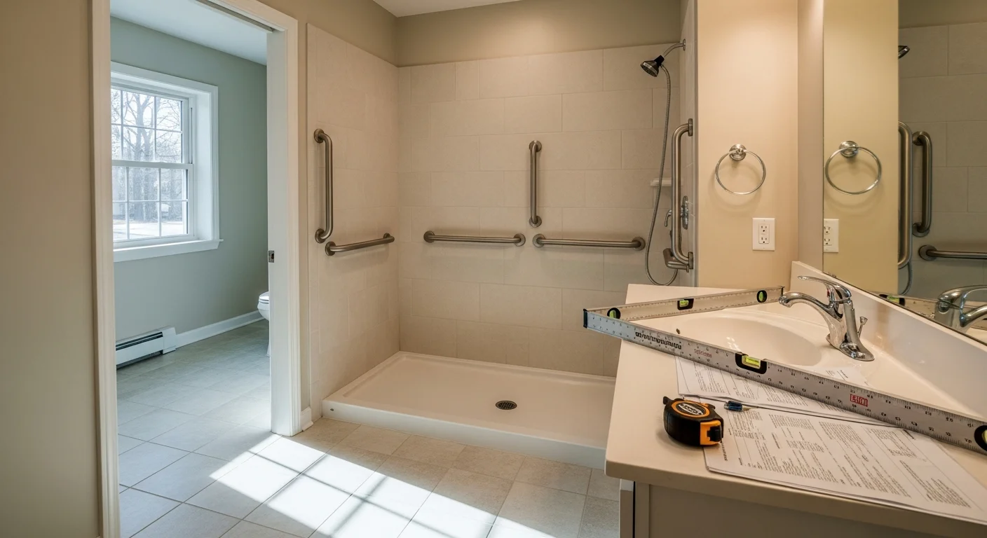 A remodeled bathroom in a Chagrin Falls home featuring a curbless walk-in shower, grab bars, and lever-style fixtures consistent with universal design principles. Wide doorway clearance and barrier-free floor transition are visible in the finished space.