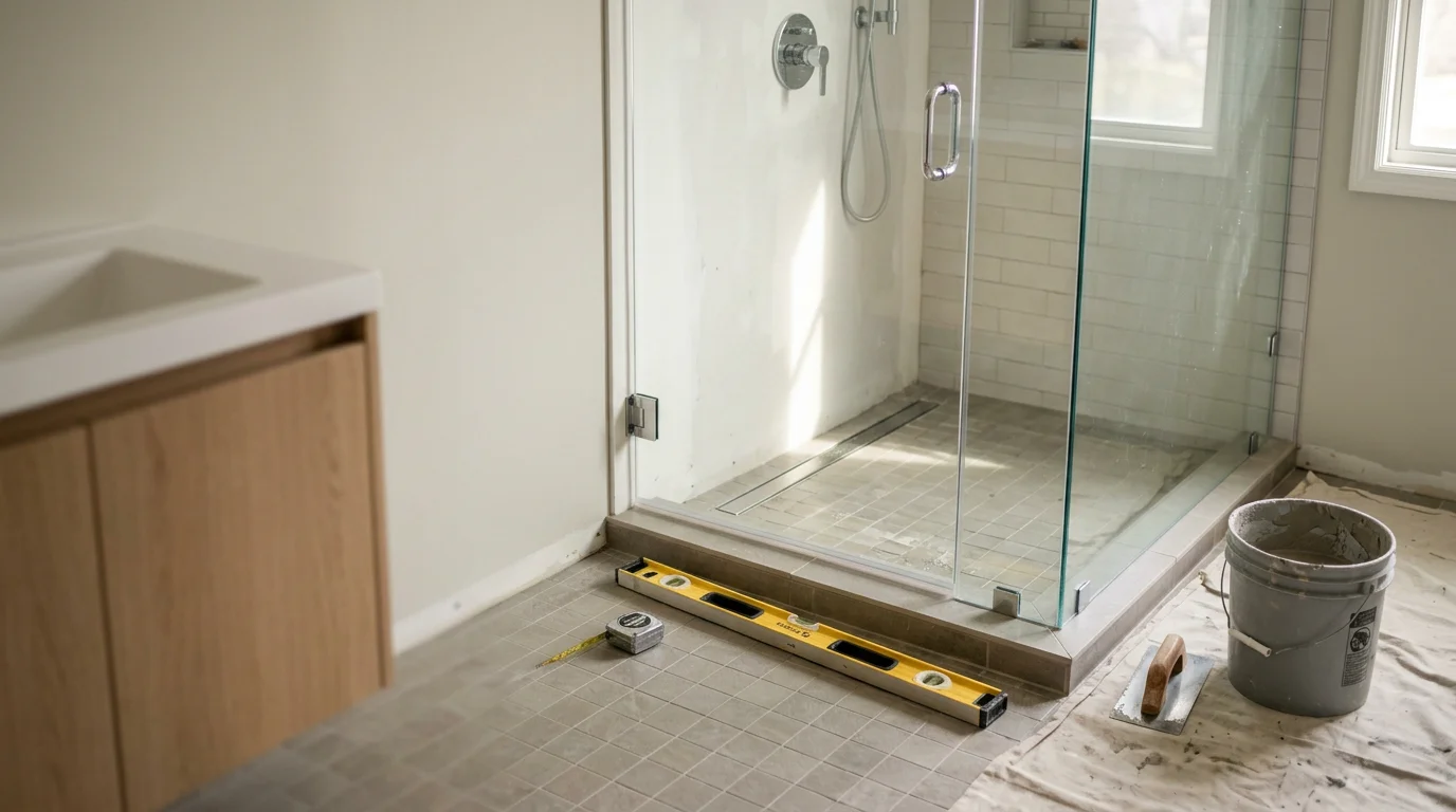 A finished curbless walk-in shower in a Chagrin Falls home bathroom, featuring a zero-threshold entry, large-format tile walls, and a built-in bench seat. The open layout and frameless glass enclosure show the clean, modern result of a full bathroom remodel by Capozzi Design Build.