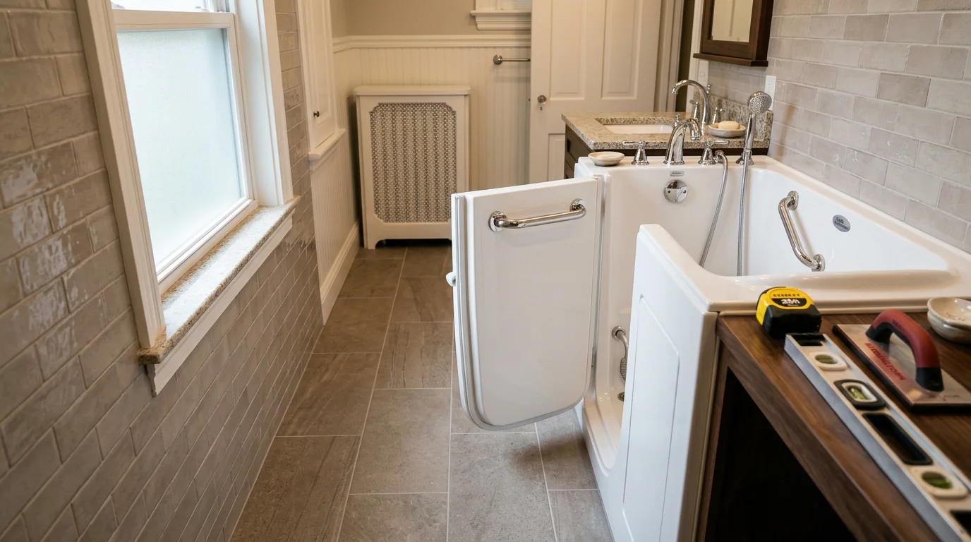 A remodeled bathroom in a Chagrin Falls home featuring a walk-in tub with a low-threshold entry door, built-in grab bars, and slip-resistant tile flooring. The space shows updated wall surrounds and a clean, functional layout designed for safe, independent bathing.